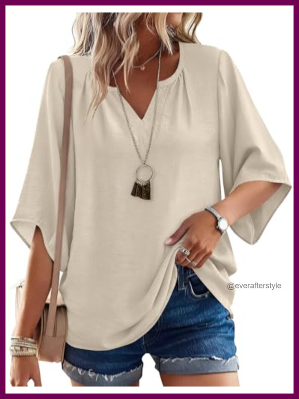 Women's 3/4 Sleeve Boho V Neck Loose Fit Tunic Top Bell Sleeve Peasant Blouse